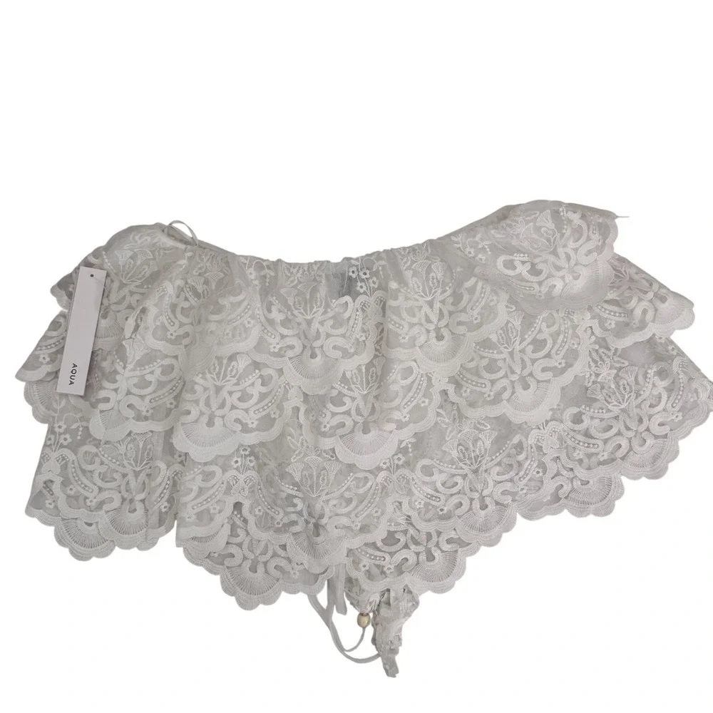 AQUA Lace‎ Halter Top Ruffle Tiered Sleeveless Party Festival White M - Picture 6 of 9